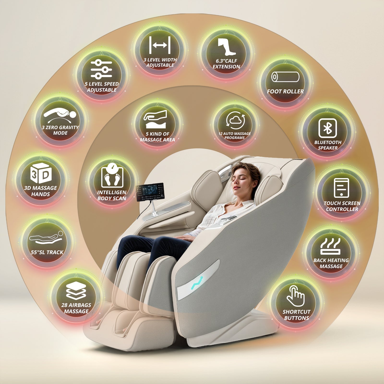 HealthRelife 3D Massage Chair Full Body Recliner - Zero Gravity with Heat, 12 Auto-Massage Modes, Shiatsu Foot Massage, with 55“ SL-Track,28 Airbags Massage, Foot Rollers, (Beige)